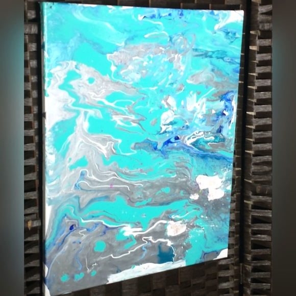 UNDERWATER FANTASY - Original Painting, 16x20 - Turquoise, Blues, Silver, White - Picture 3 of 16
